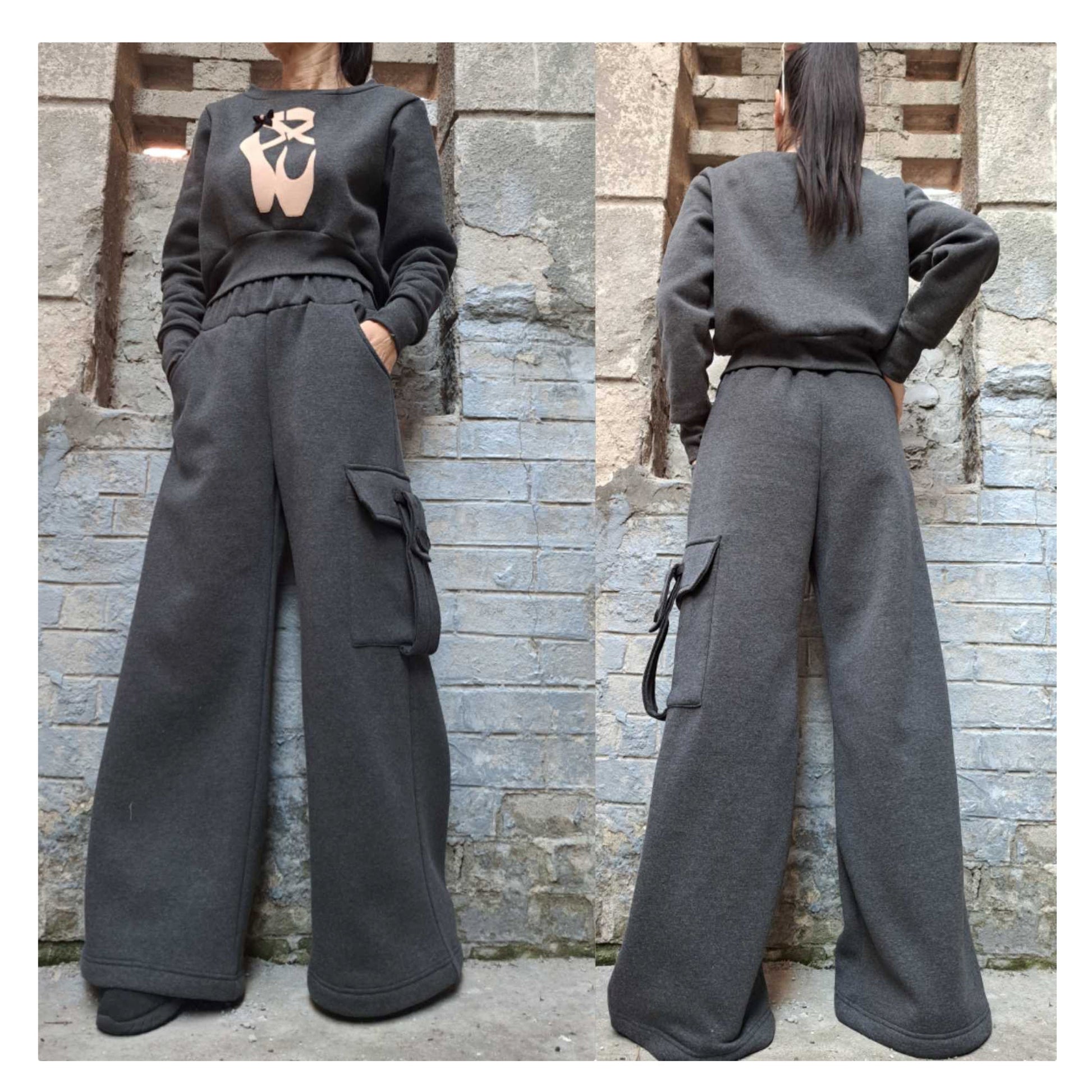 Wide Leg Grey Woman Pants / Winter Soft Cotton Pants / High Waist Warm Pants / Everyday Grey Pants / Casual Long Pants / Street Clothing - Handmade clothing from AngelBySilvia - Top Designer Brands 