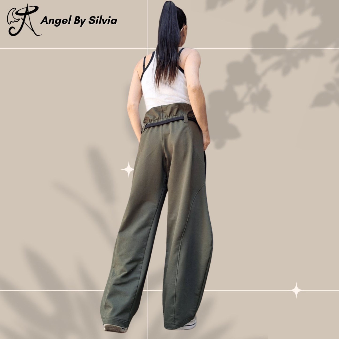Military Green Balloon Pants for Women – High Waisted Loose Fit Cotton Trousers • Elastic Drawstring Joggers • Boho Streetwear Pants • Handmade XS to 5XL - Handmade clothing from Angel By Silvia - Top Designer Brands 