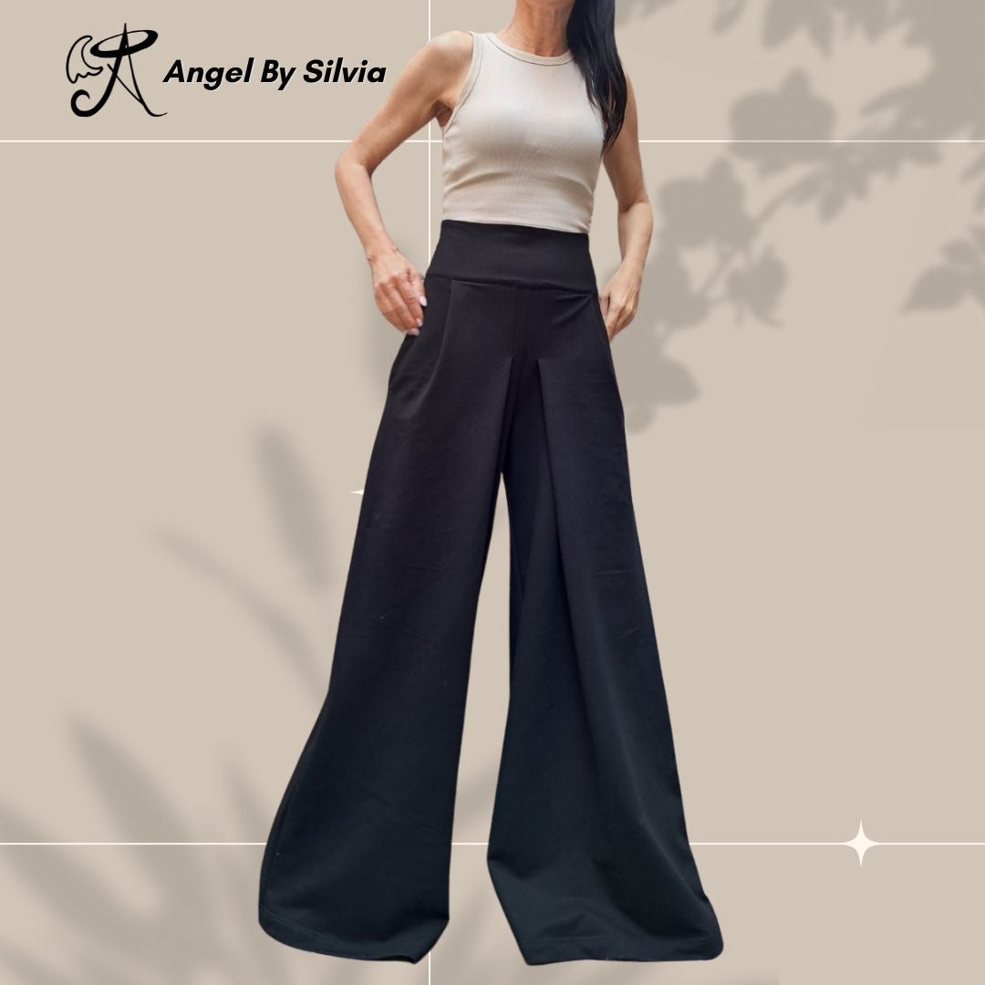 Black High Waist Wide Leg Cotton Pants for Women • Elegant Stretch Cotton Trousers • Relaxed Fit Summer Pants • Handmade Sizes XS-5XL - Handmade clothing from Angel By Silvia - Top Designer Brands 