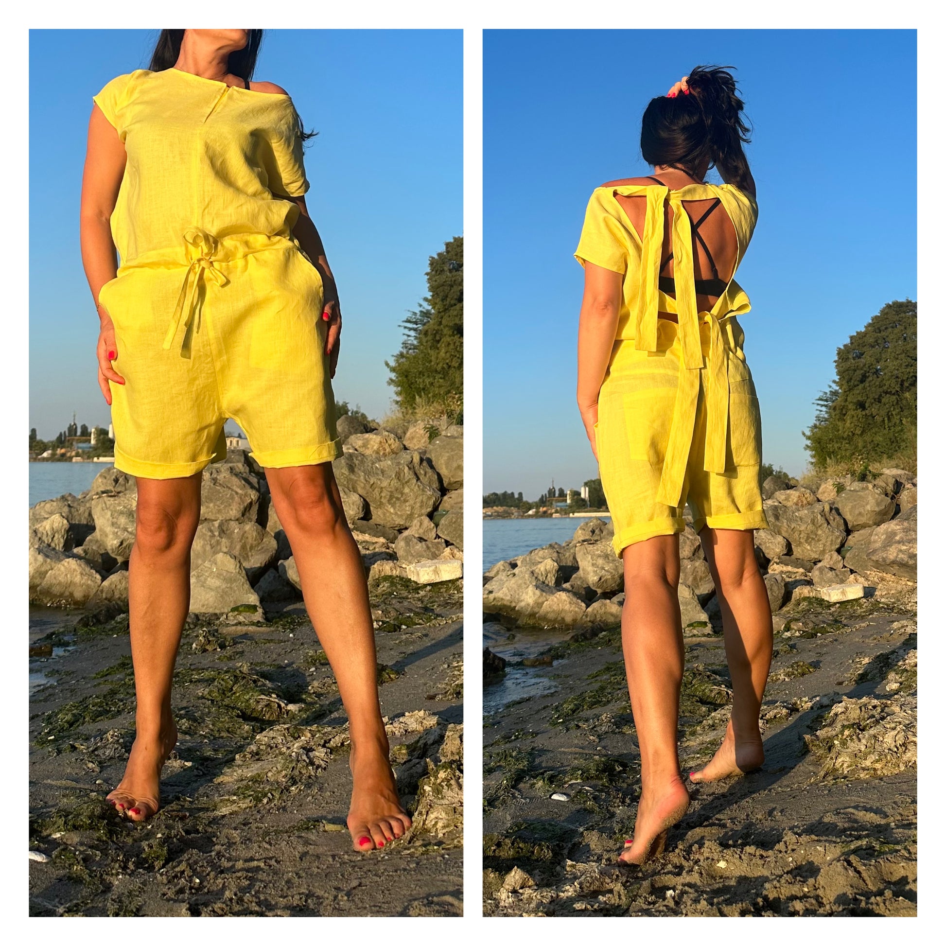 Linen Yellow Open Back Jumpsuit - Handmade clothing from Angel By Silvia - Top Designer Brands 