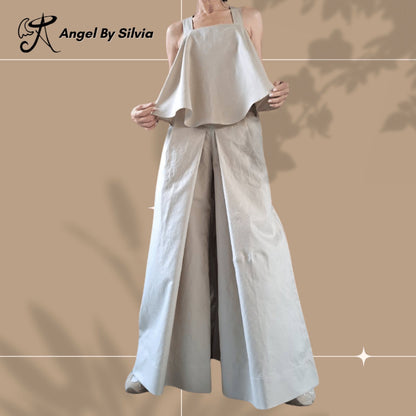 Linen Two-Piece Set • Beige High Waist Wide Leg Pants + Asymmetric Tank Top • Open Back Longline Top • Boho Summer Outfit • Sizes XS-5XL - Handmade clothing from Angel By Silvia - Top Designer Brands 