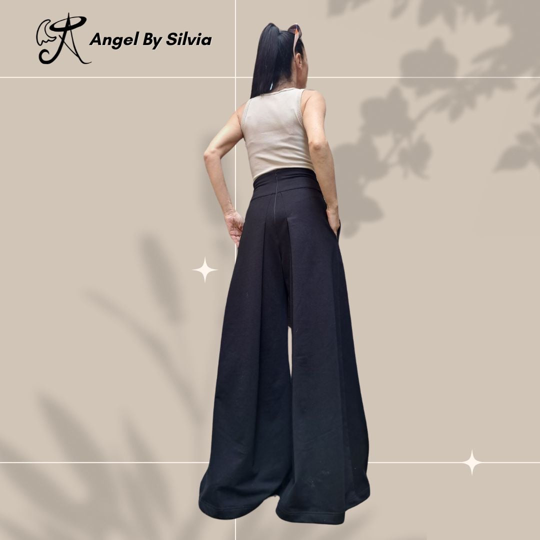 Black High Waist Wide Leg Cotton Pants for Women • Elegant Stretch Cotton Trousers • Relaxed Fit Summer Pants • Handmade Sizes XS-5XL - Handmade clothing from Angel By Silvia - Top Designer Brands 