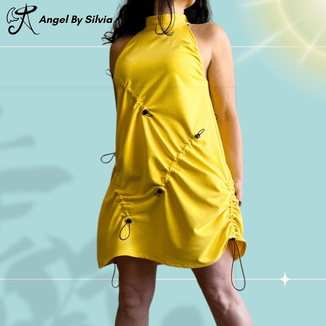 Yellow Drawstring Mini Dress • Adjustable Ruched Cotton Elastane Halter Dress • Urban Streetwear Summer Dress • Handmade Sizes XS to 5XL - Handmade clothing from Angel By Silvia - Top Designer Brands 