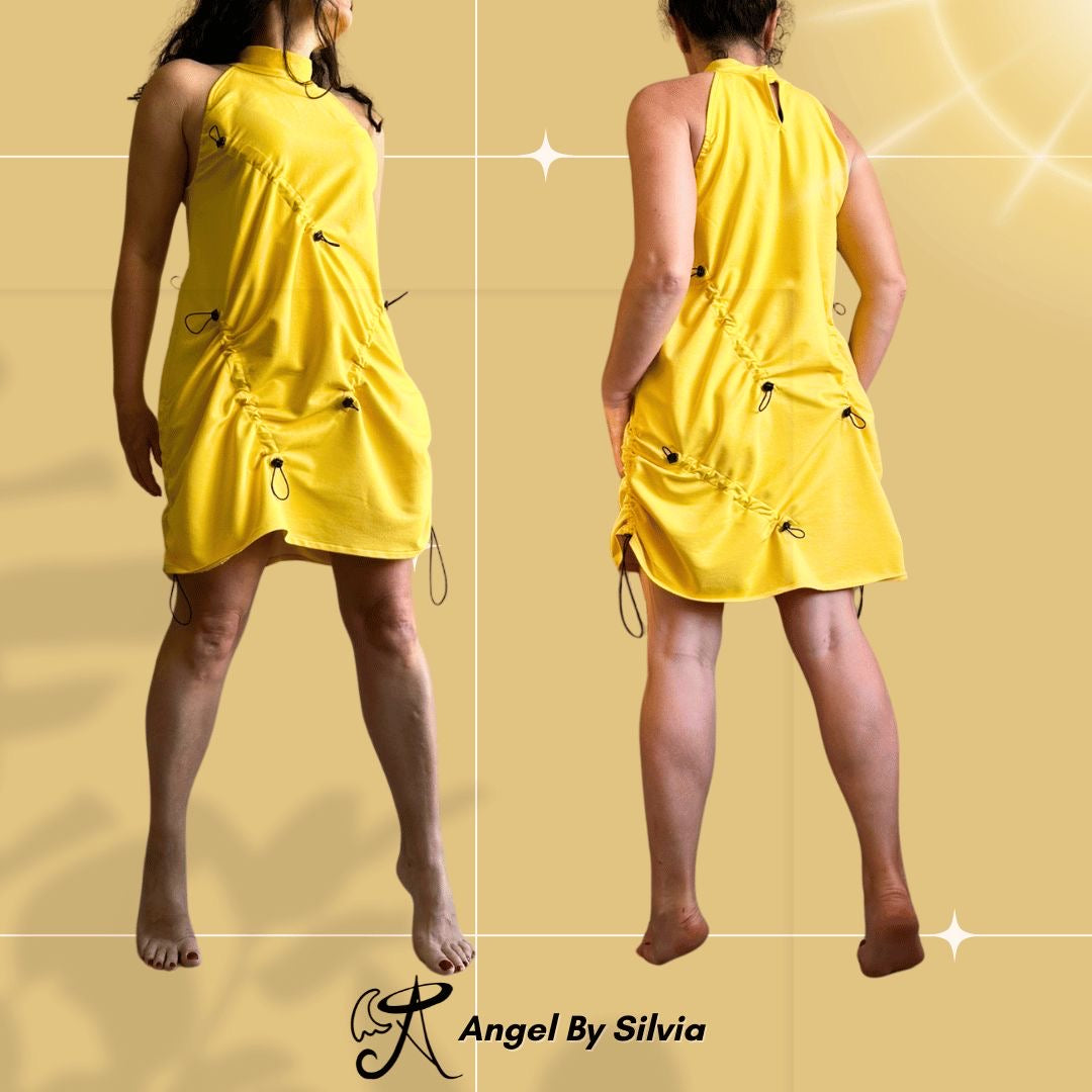 Yellow Drawstring Mini Dress • Adjustable Ruched Cotton Elastane Halter Dress • Urban Streetwear Summer Dress • Handmade Sizes XS to 5XL - Handmade clothing from Angel By Silvia - Top Designer Brands 