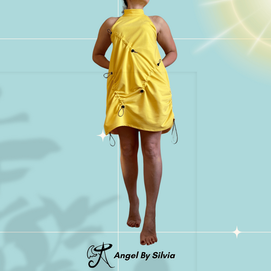Yellow Drawstring Mini Dress • Adjustable Ruched Cotton Elastane Halter Dress • Urban Streetwear Summer Dress • Handmade Sizes XS to 5XL - Handmade clothing from Angel By Silvia - Top Designer Brands 