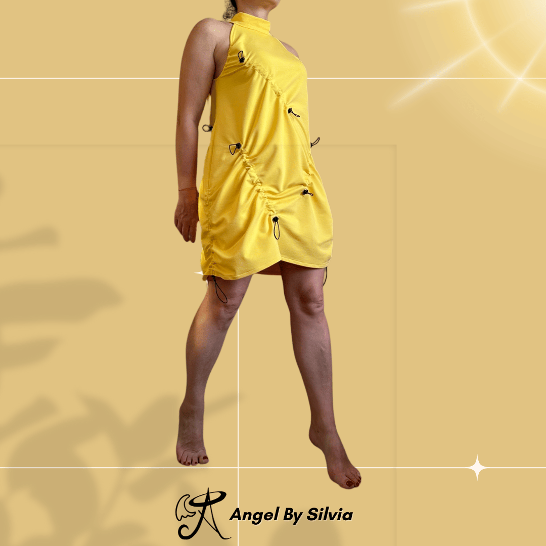 Yellow Drawstring Mini Dress • Adjustable Ruched Cotton Elastane Halter Dress • Urban Streetwear Summer Dress • Handmade Sizes XS to 5XL - Handmade clothing from Angel By Silvia - Top Designer Brands 