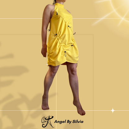 Yellow Drawstring Mini Dress • Adjustable Ruched Cotton Elastane Halter Dress • Urban Streetwear Summer Dress • Handmade Sizes XS to 5XL - Handmade clothing from Angel By Silvia - Top Designer Brands 