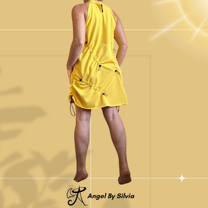 Yellow Drawstring Mini Dress • Adjustable Ruched Cotton Elastane Halter Dress • Urban Streetwear Summer Dress • Handmade Sizes XS to 5XL - Handmade clothing from Angel By Silvia - Top Designer Brands 