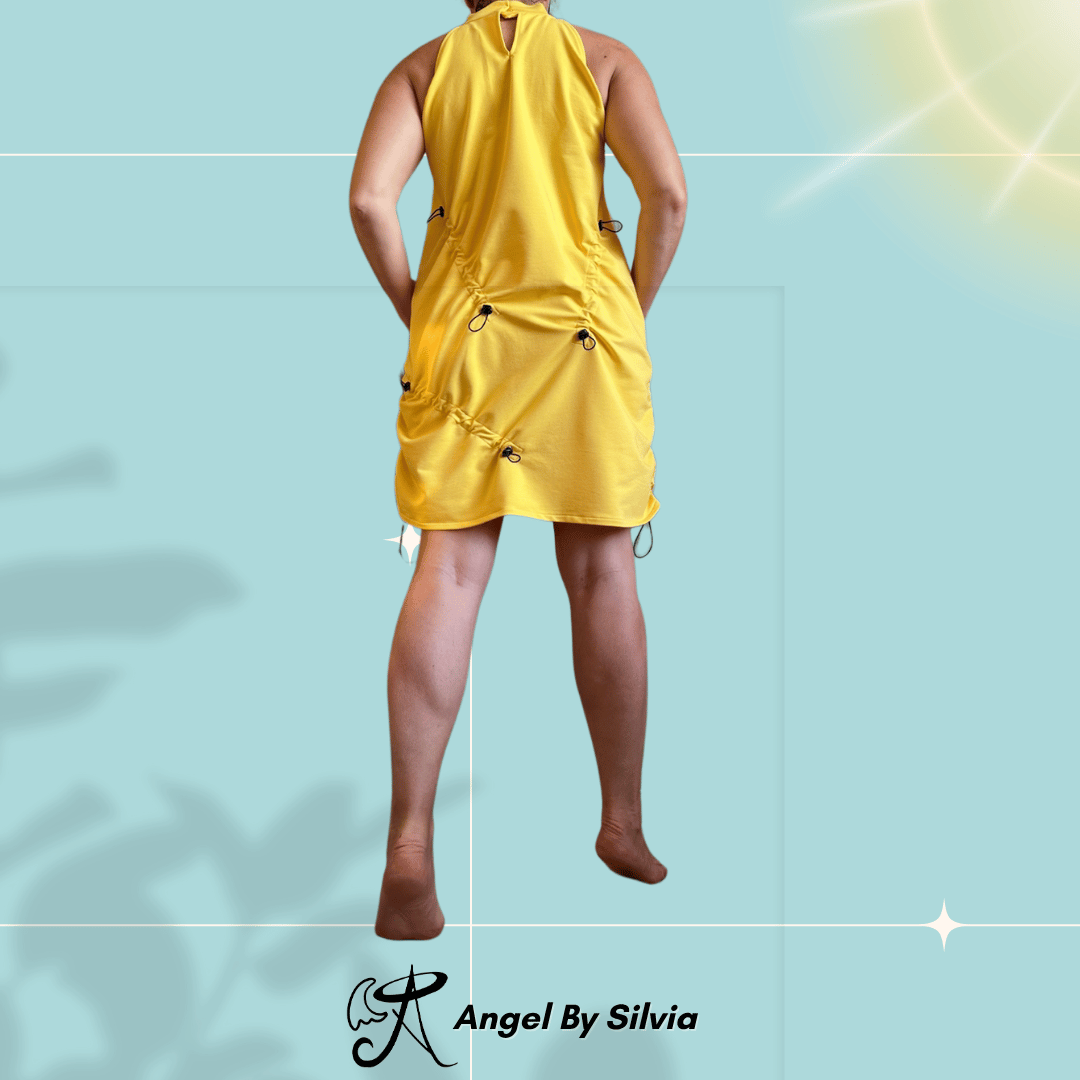 Yellow Drawstring Mini Dress • Adjustable Ruched Cotton Elastane Halter Dress • Urban Streetwear Summer Dress • Handmade Sizes XS to 5XL - Handmade clothing from Angel By Silvia - Top Designer Brands 