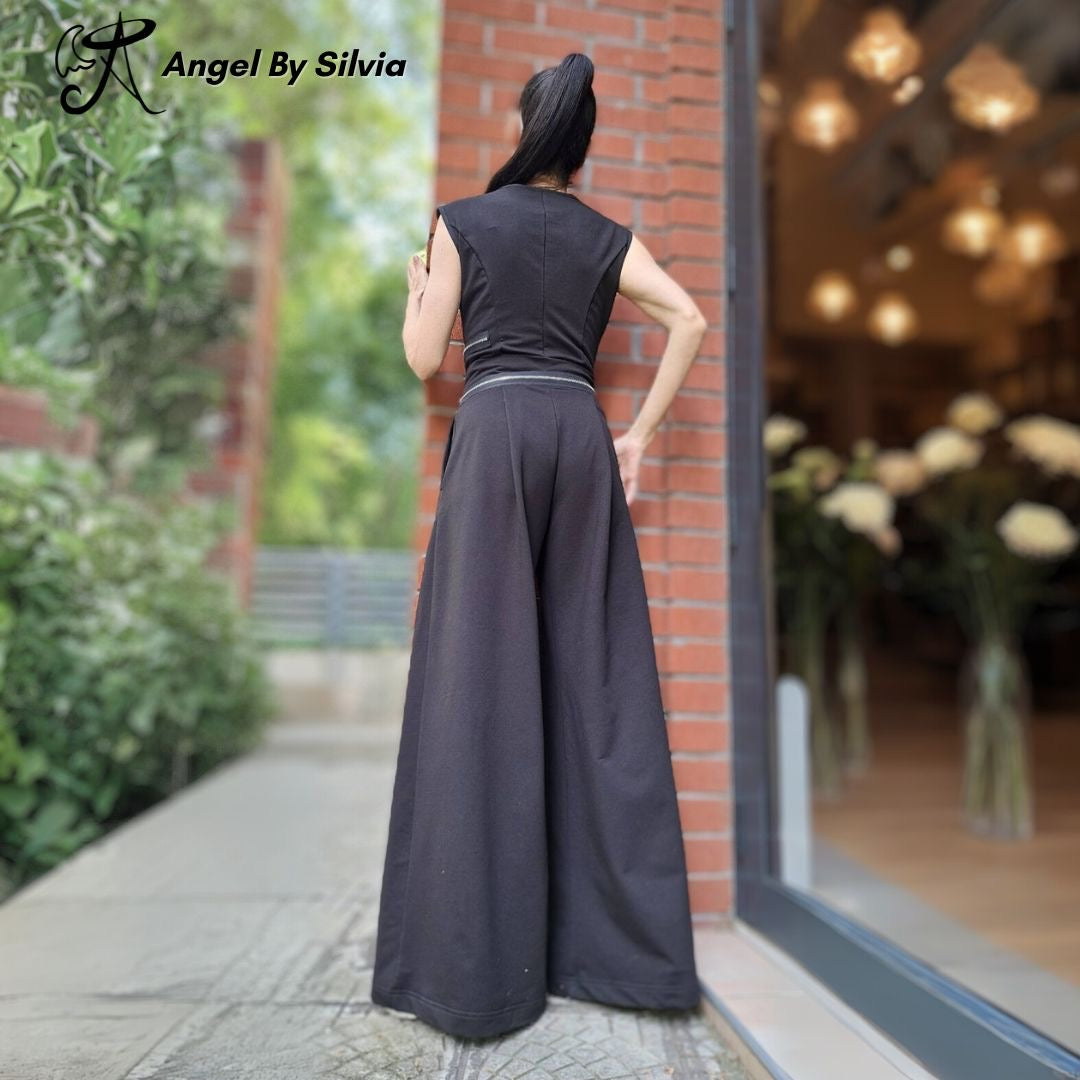 Black Wide Leg Zipper Jumpsuit • Sleeveless Stretch Cotton One Piece • Urban Chic High Waist Jumpsuit for Women • Handmade XS to 5XL - Handmade clothing from Angel By Silvia - Top Designer Brands 
