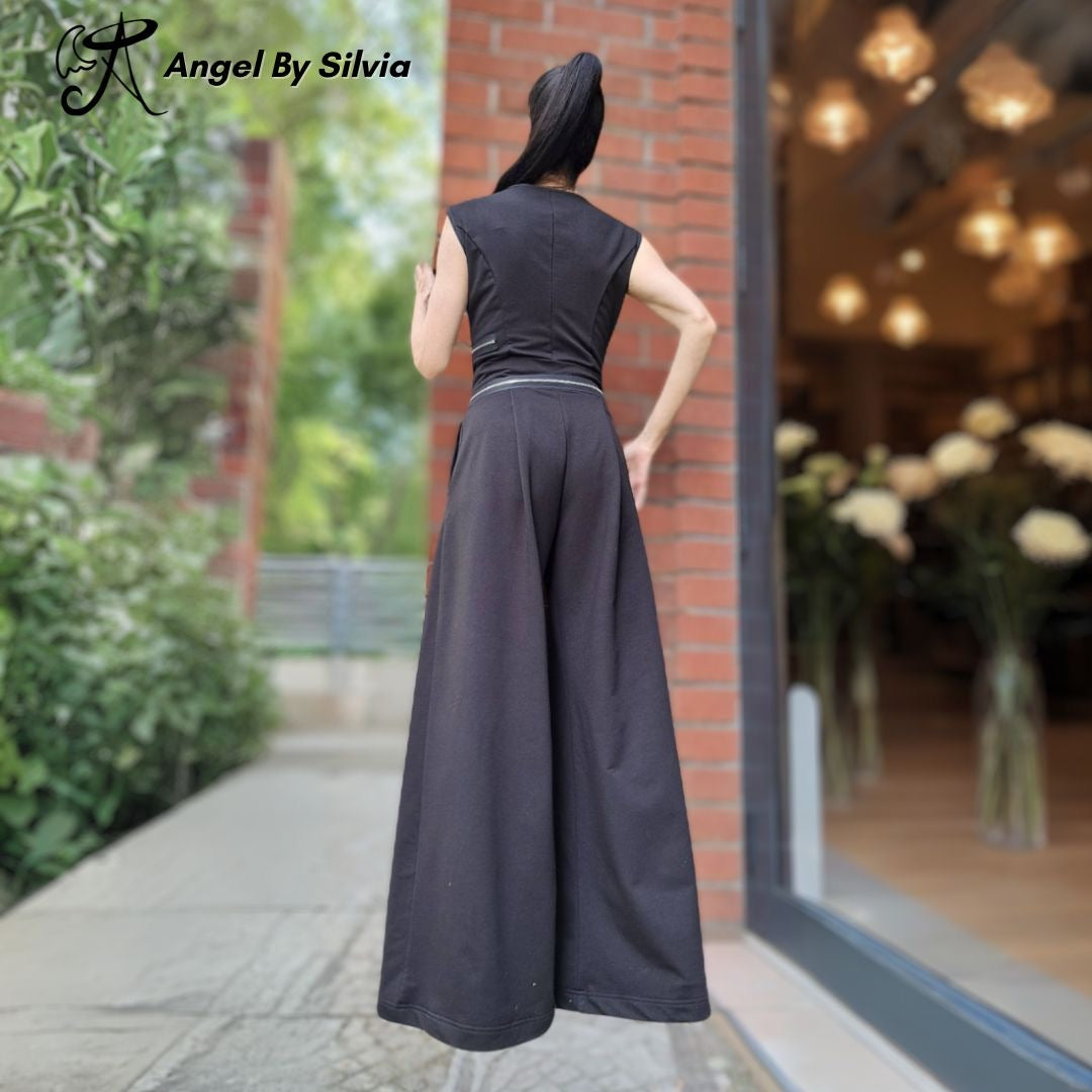 Black Wide Leg Zipper Jumpsuit • Sleeveless Stretch Cotton One Piece • Urban Chic High Waist Jumpsuit for Women • Handmade XS to 5XL - Handmade clothing from Angel By Silvia - Top Designer Brands 