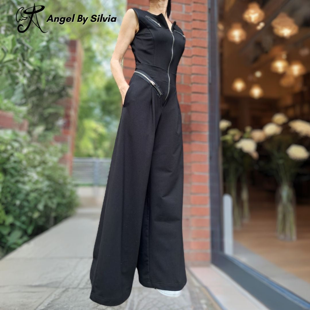 Black Wide Leg Zipper Jumpsuit • Sleeveless Stretch Cotton One Piece • Urban Chic High Waist Jumpsuit for Women • Handmade XS to 5XL - Handmade clothing from Angel By Silvia - Top Designer Brands 