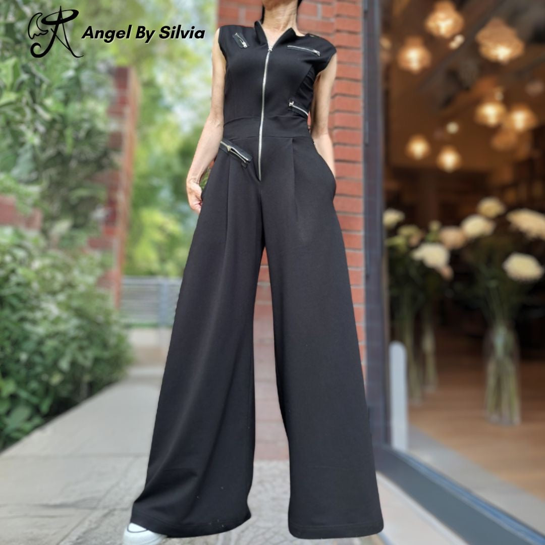 Black Wide Leg Zipper Jumpsuit • Sleeveless Stretch Cotton One Piece • Urban Chic High Waist Jumpsuit for Women • Handmade XS to 5XL - Handmade clothing from Angel By Silvia - Top Designer Brands 