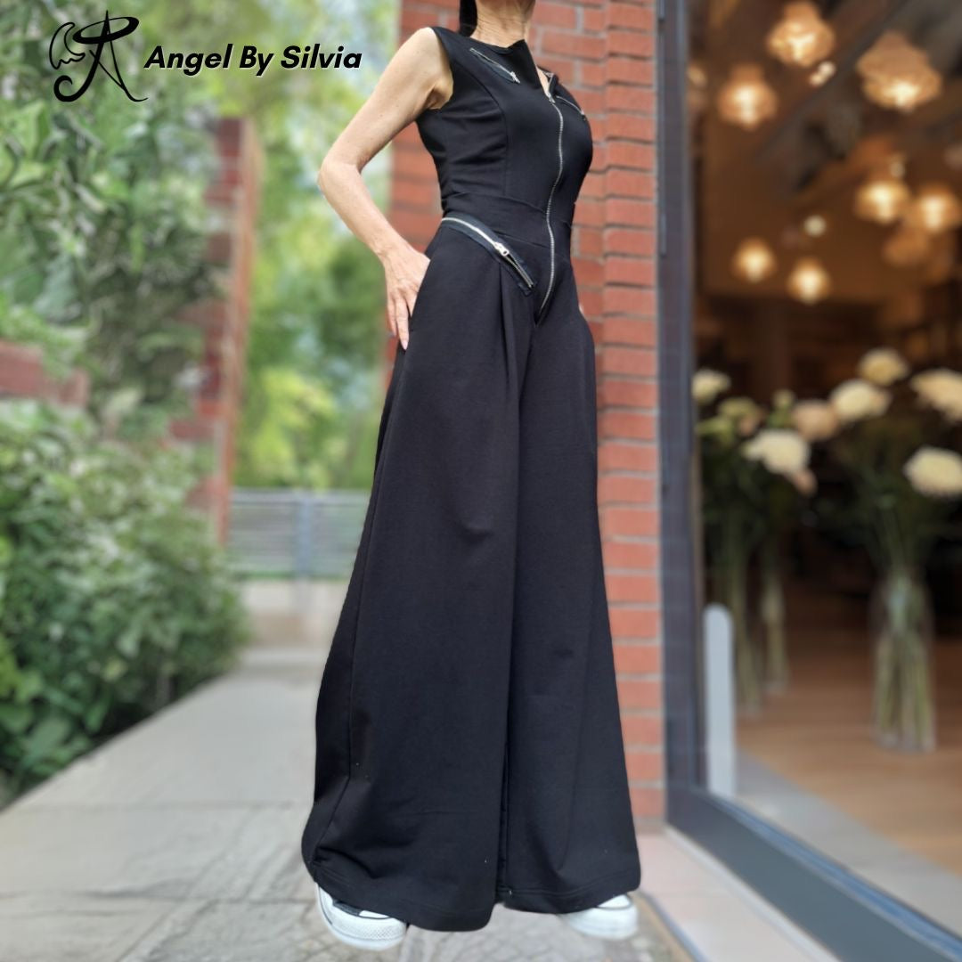 Black Wide Leg Zipper Jumpsuit • Sleeveless Stretch Cotton One Piece • Urban Chic High Waist Jumpsuit for Women • Handmade XS to 5XL - Handmade clothing from Angel By Silvia - Top Designer Brands 