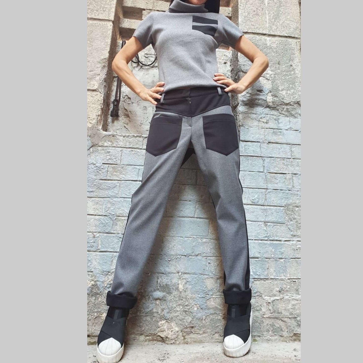 Everyday Gray Cotton Blouse With High Collar - Handmade clothing from AngelBySilvia - Top Designer Brands 