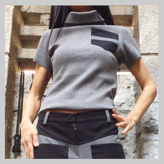 Everyday Gray Cotton Blouse With High Collar - Handmade clothing from AngelBySilvia - Top Designer Brands 