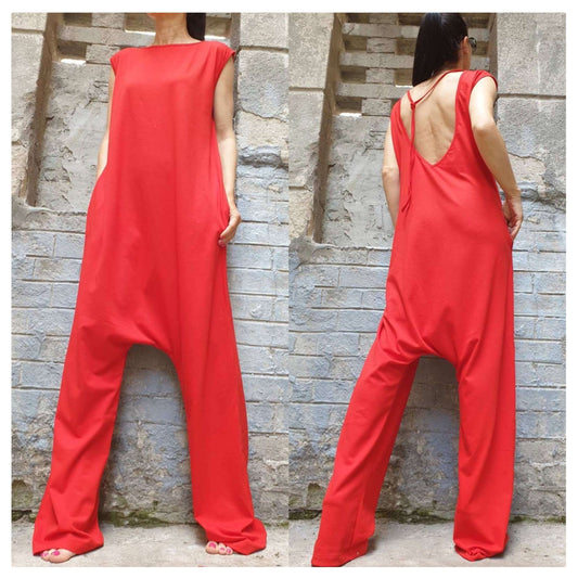 Drop Crotch Red Jumpsuit - Handmade clothing from AngelBySilvia - Top Designer Brands 