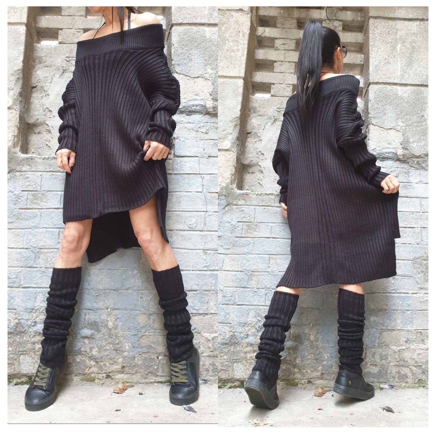 Winter Oversized Sweater, Off-Shoulder Sweater,Knit Long Knee Socks - Handmade clothing from AngelBySilvia - Top Designer Brands 